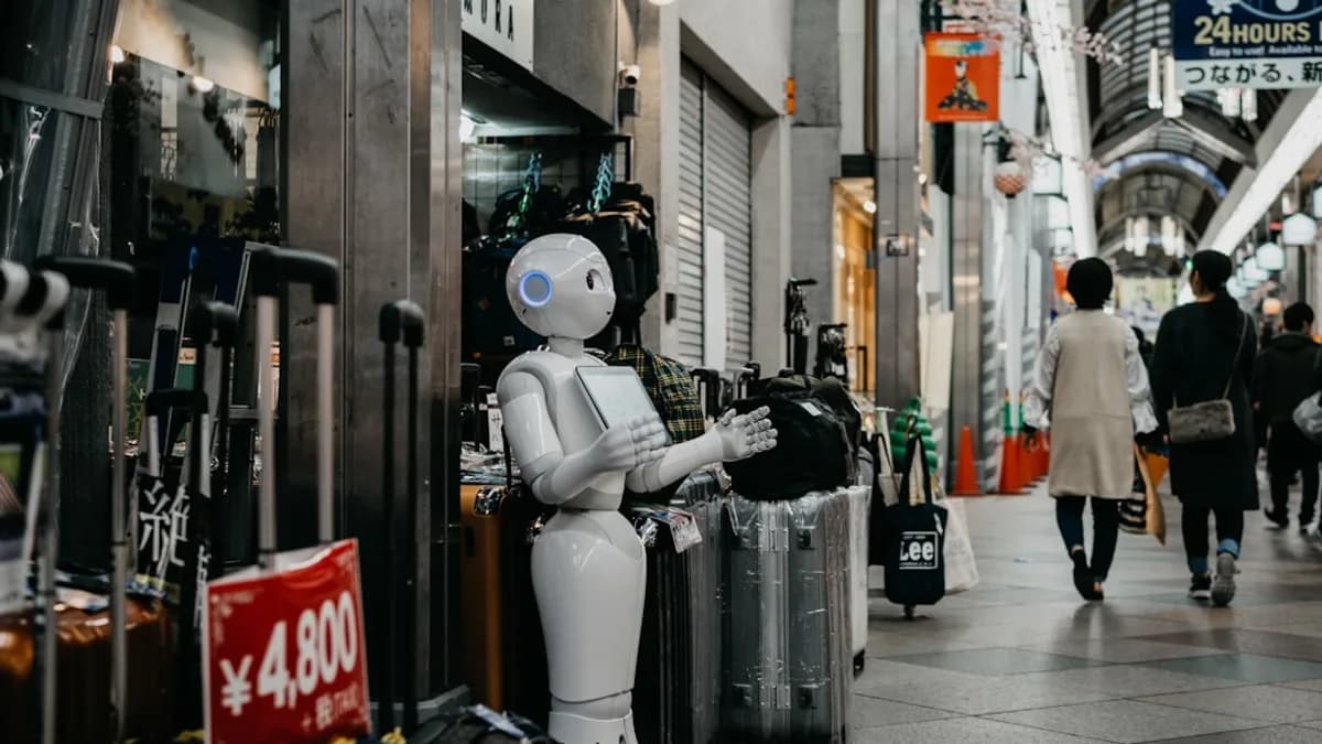 robot standing near luggage bags