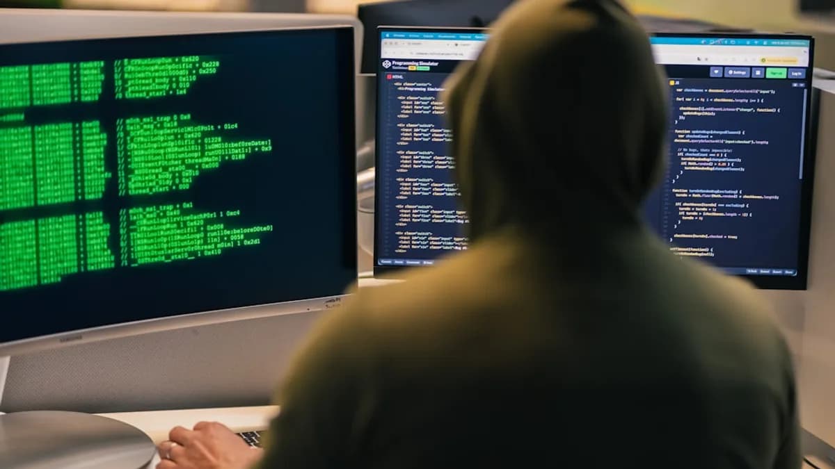 Hacker in hoodie working on multiple computer screens