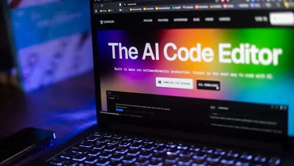 Laptop displays "the ai code editor" website.