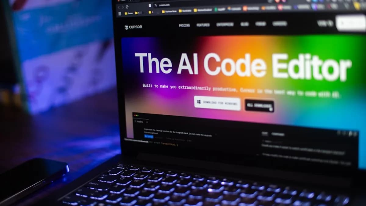 Laptop displays "the ai code editor" website.