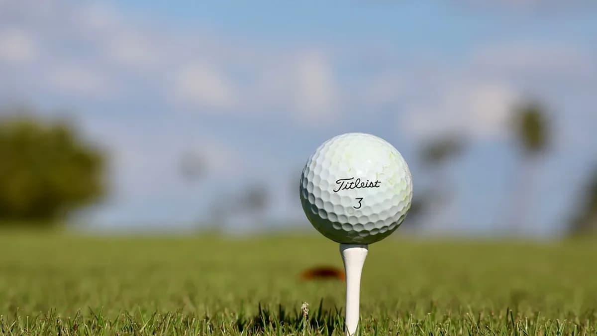A golf ball sitting on top of a tee in the grass