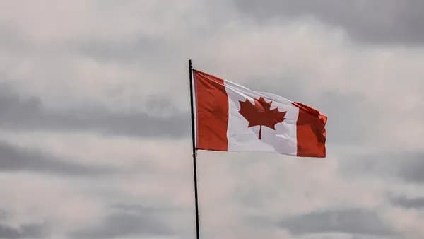 a canadian flag flying in the wind on a cloudy day