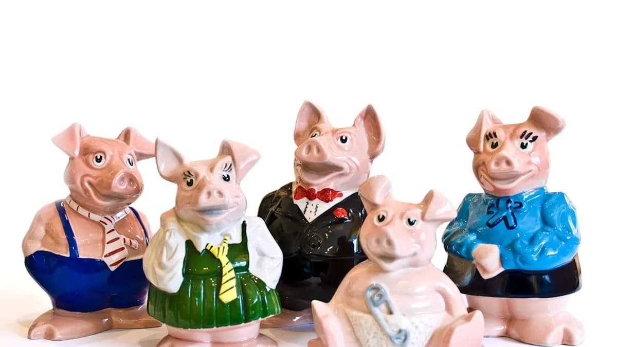 a group of pig figurines sitting next to each other