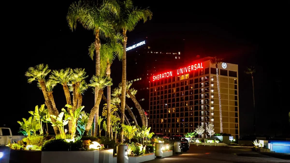 Sheraton universal hotel at night under palm trees.