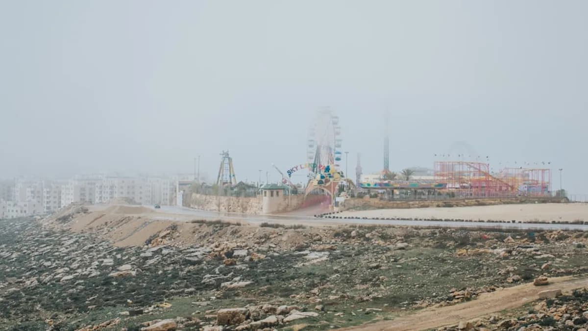 a foggy day at an amusement park