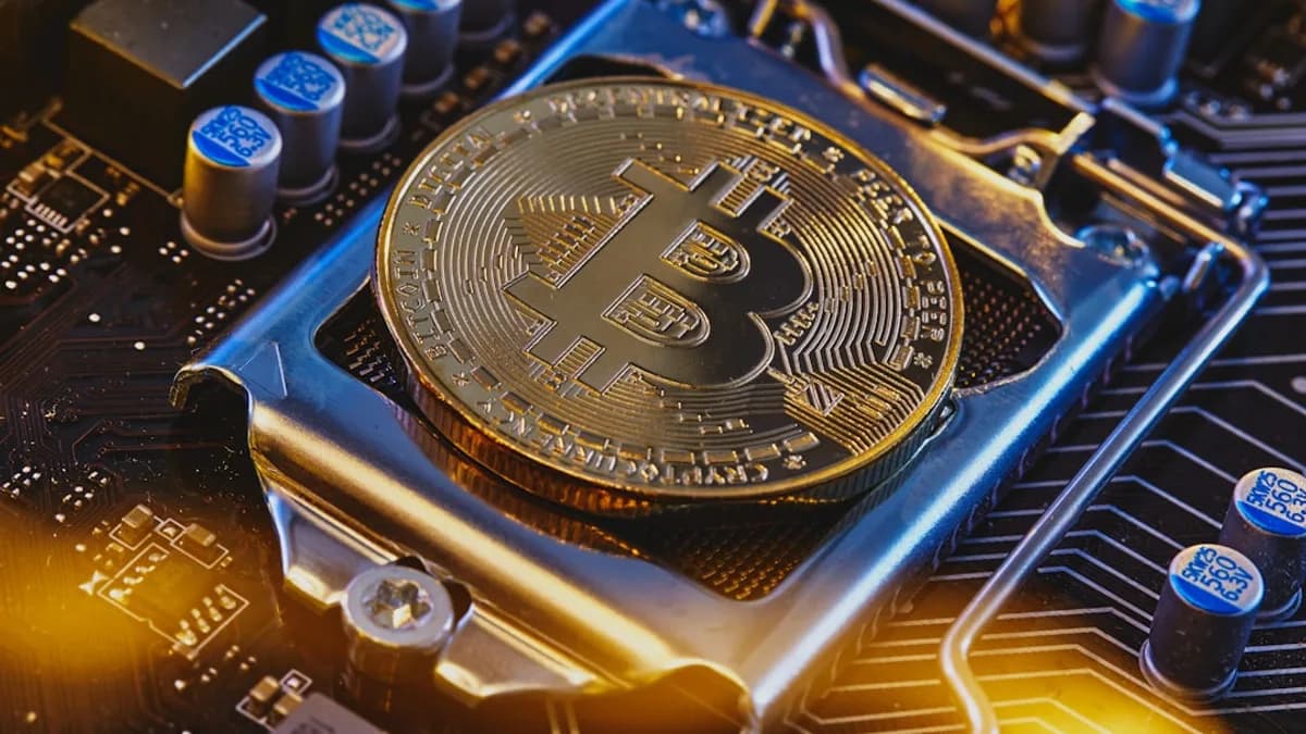 a bitcoin sitting on top of a computer motherboard