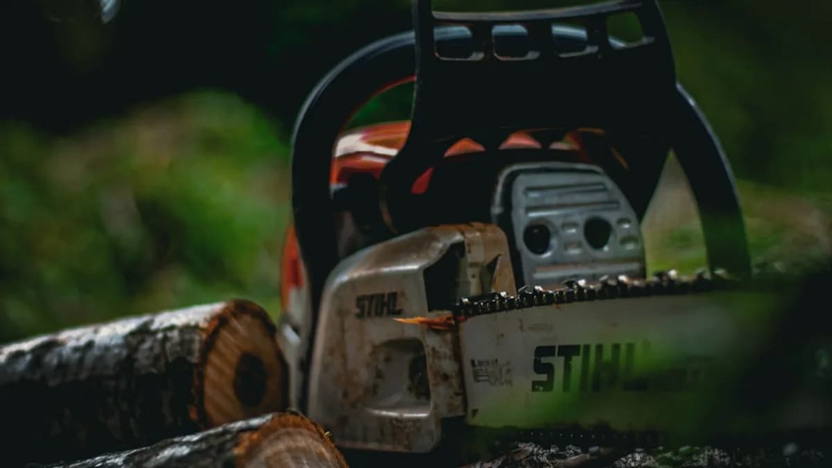a chainsaw sitting on top of a pile of logs