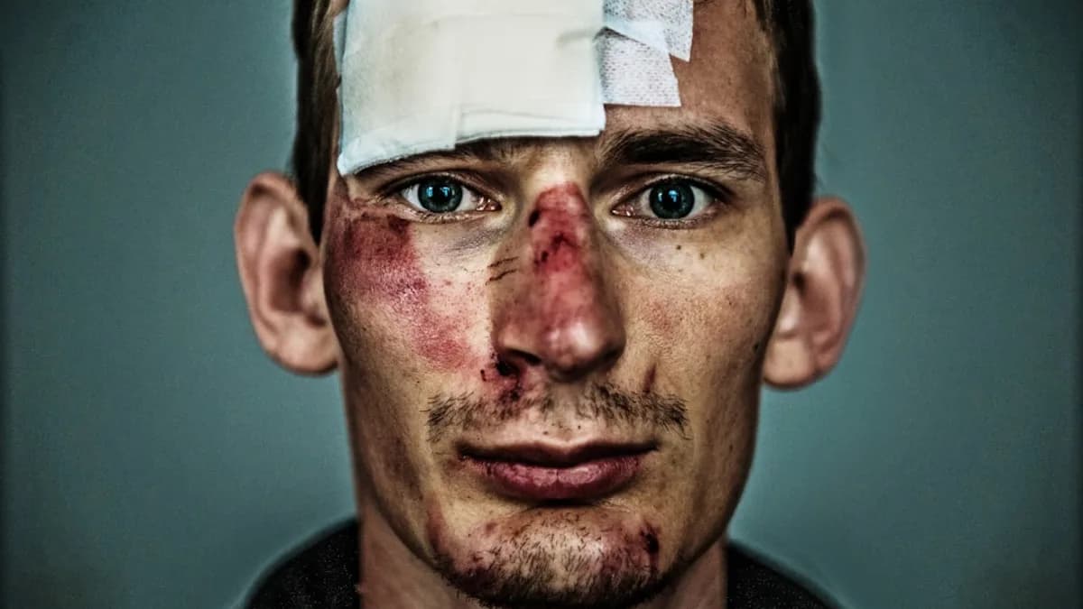 a man with a bandaged eye and a piece of paper on his forehead