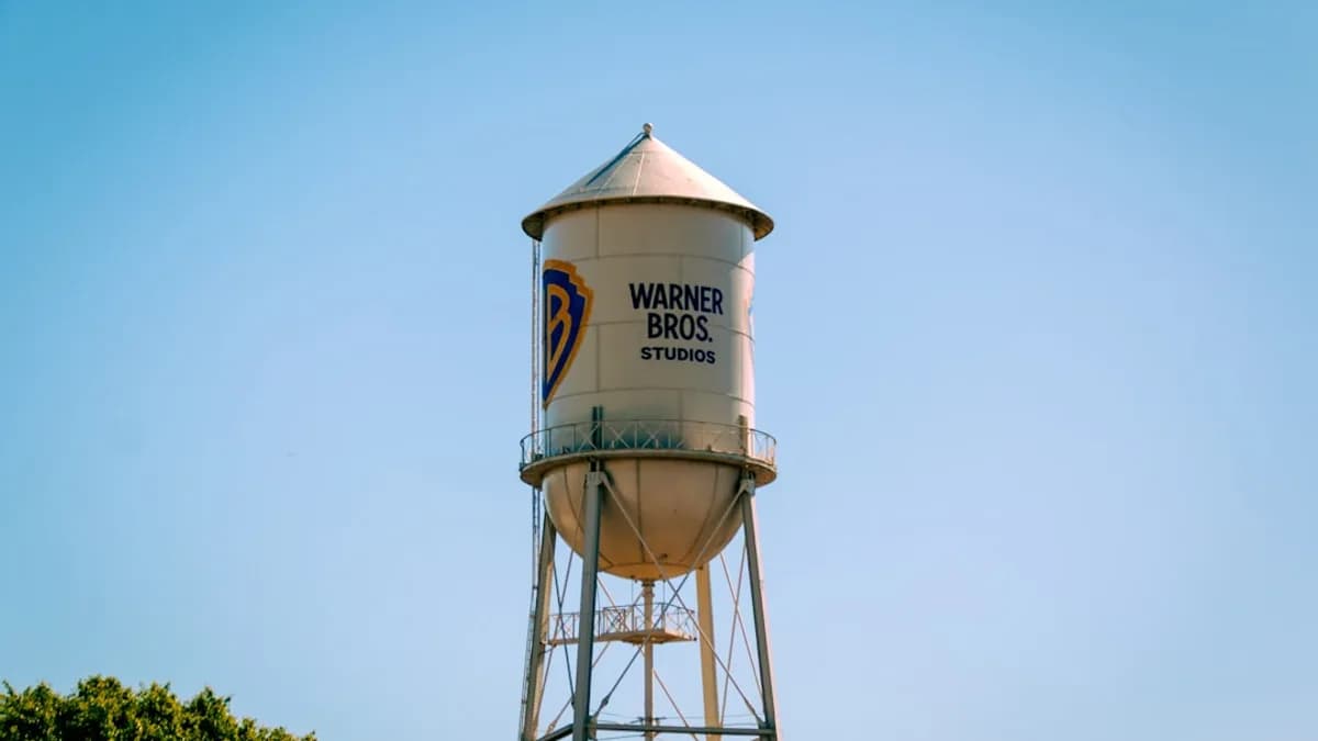 The warner bros. water tower against a blue sky.