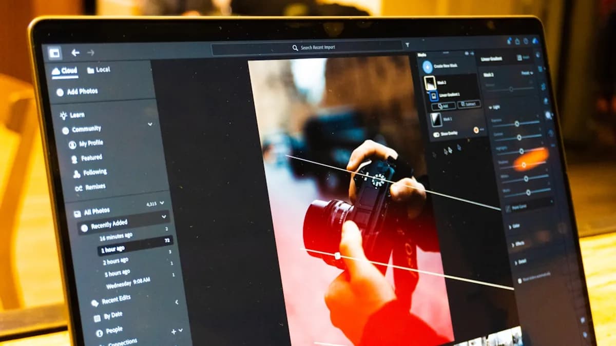 Photo editing software is shown on a laptop screen.