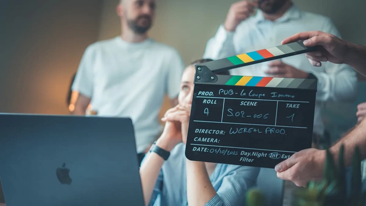 Filming a scene with a clapperboard and laptop