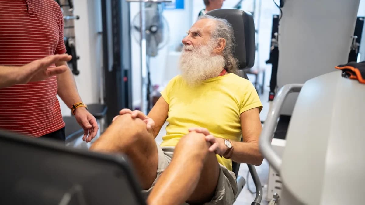 a man with a white beard sitting in a gym