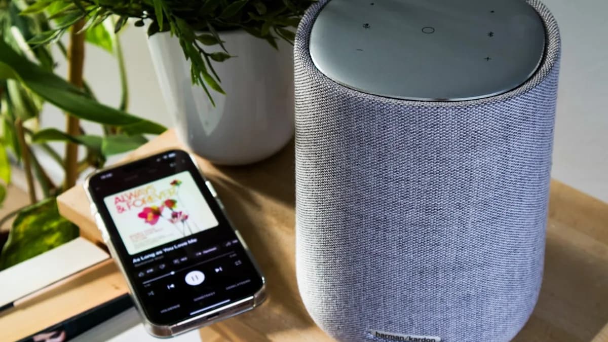 A smartphone is connected to a cylinder speaker.
