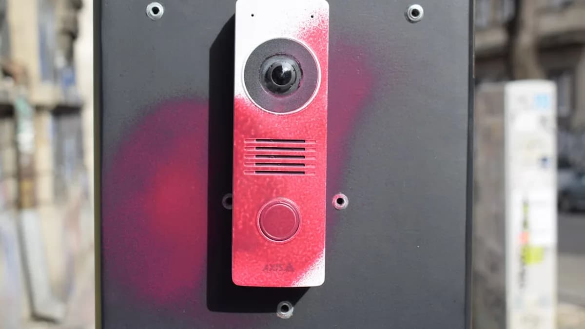 Intercom device with red spray paint markings
