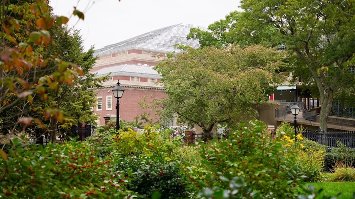a garden with trees and a building in the background