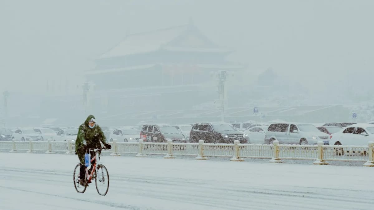 a person riding a bicycle in the snow