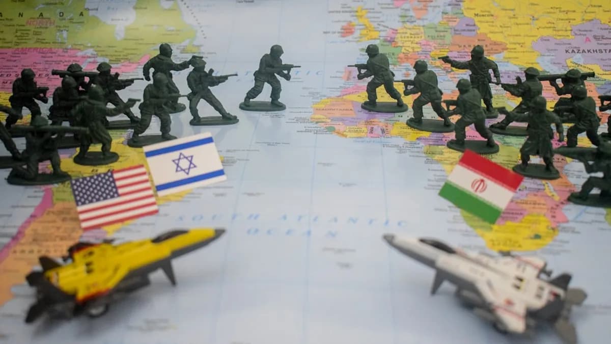 Toy soldiers and flags on world map
