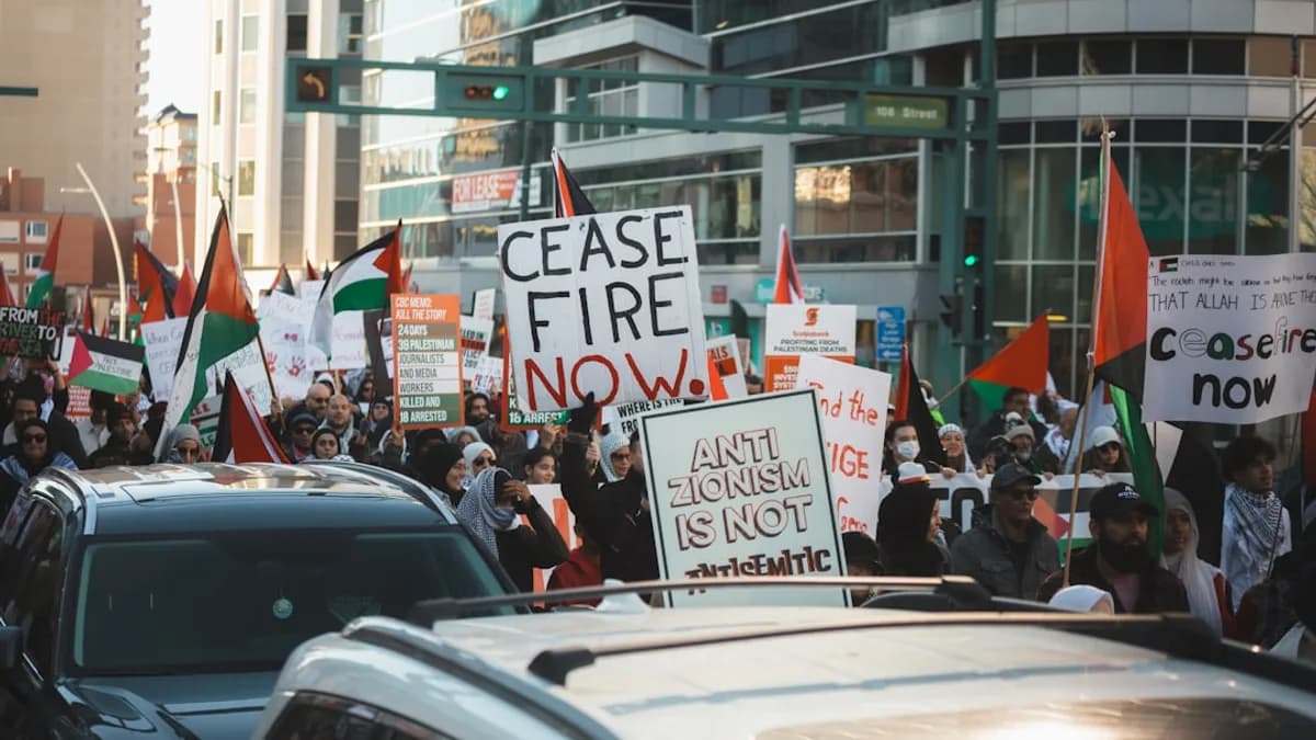 a large group of people holding signs and flags