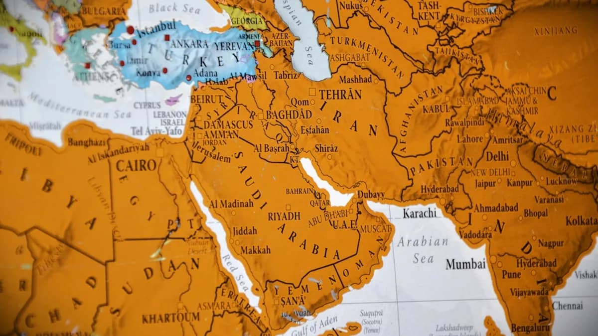 Close-up of a world map showing the middle east.