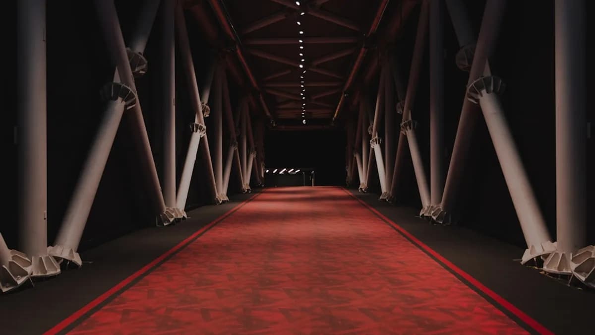 red and brown hallway with white lights