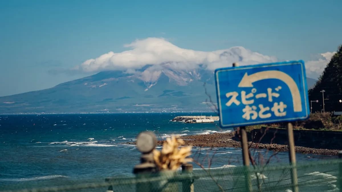 a blue sign sitting on the side of a road next to the ocean