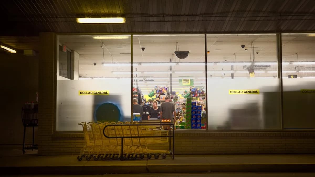 A store front at night with people walking by
