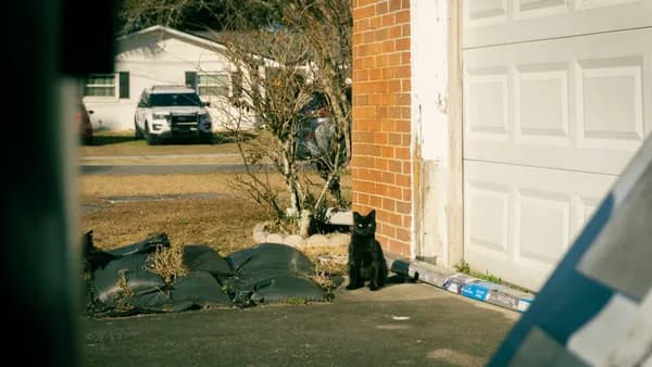 A black cat sits outside a brick building.
