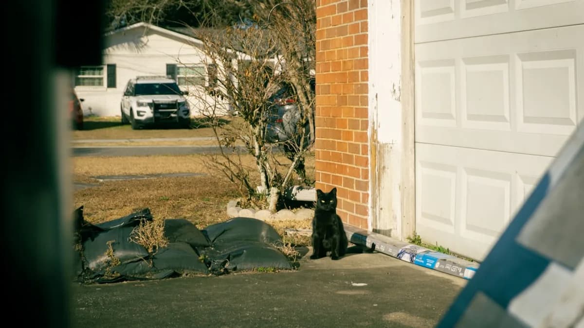 A black cat sits outside a brick building.