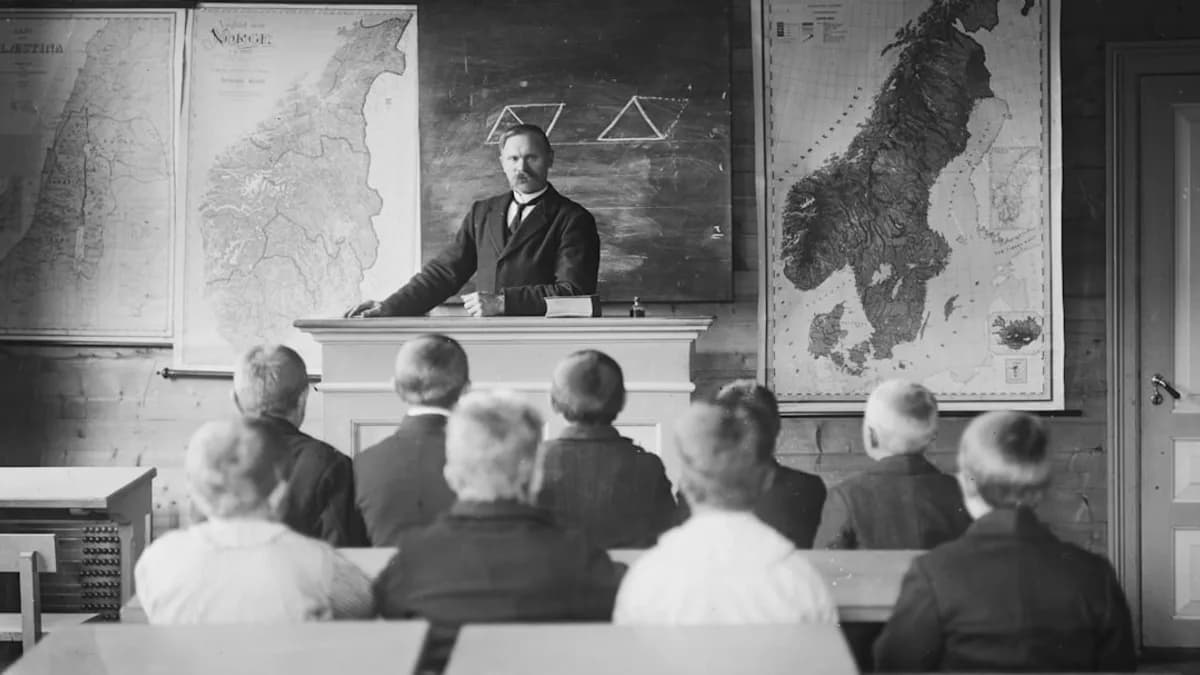 Teacher instructing students in a classroom with maps.