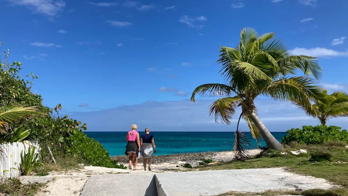 a couple of people walking down a path next to the ocean