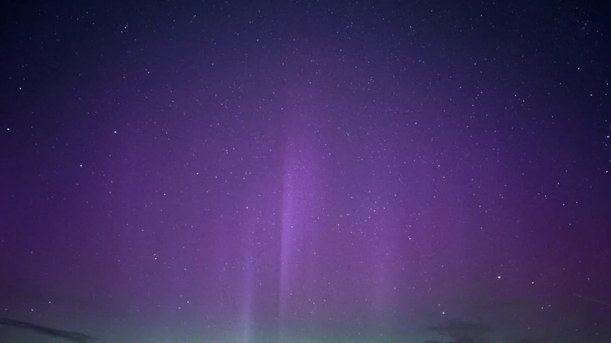 A purple and green light shines in the night sky