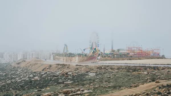 a foggy day at an amusement park