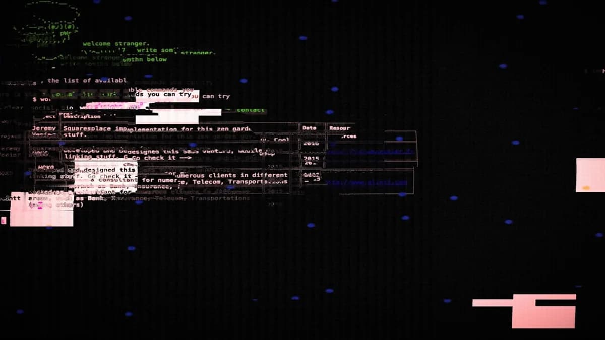 Abstract digital art with glitch effects and text.