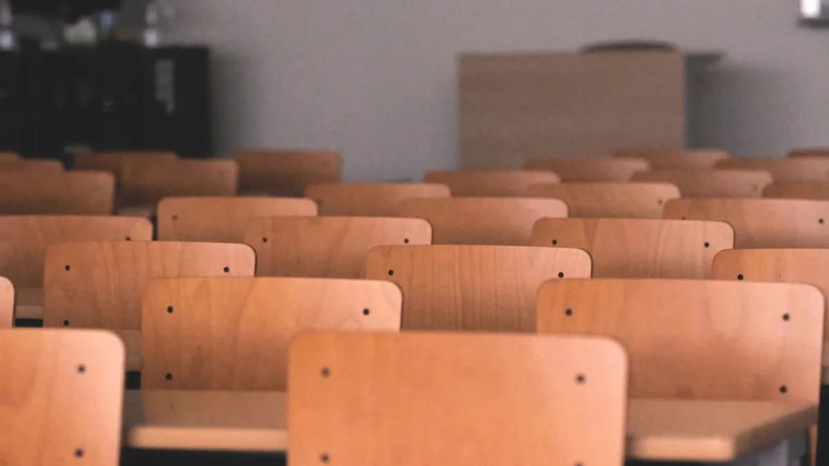 a row of wooden chairs in a room
