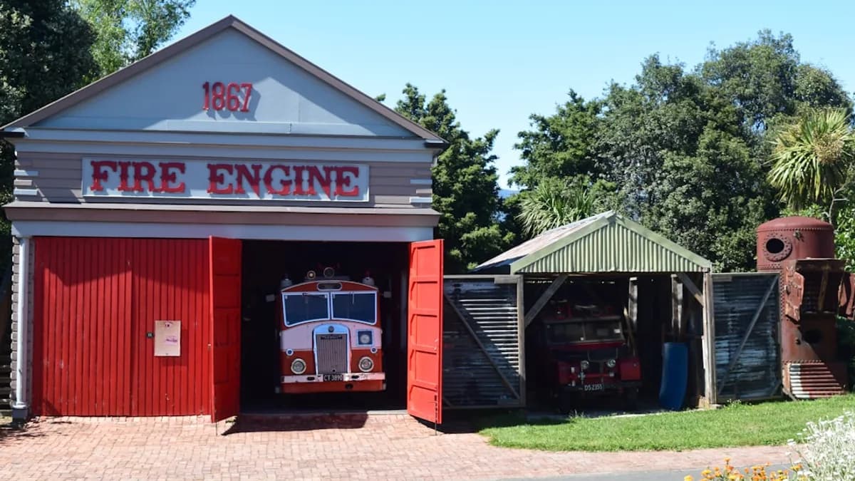 a fire engine is parked in a garage