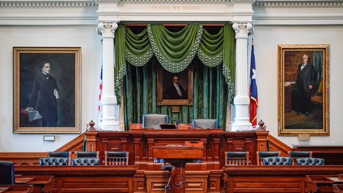 a room with a green curtain and a podium with a painting on it