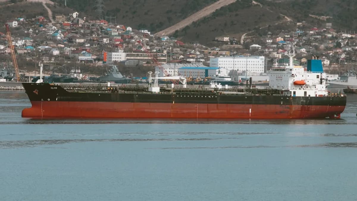 A large oil tanker floats near a city.