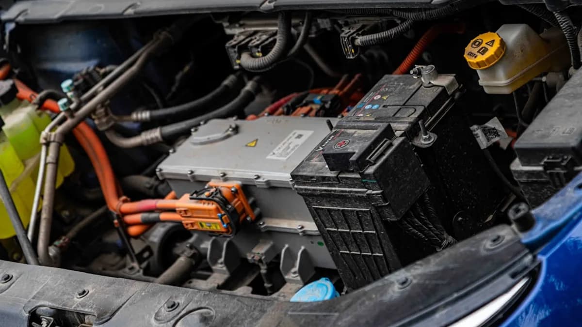 Electric car engine with visible wiring and battery components