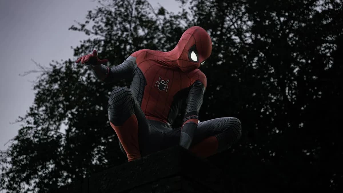 Spider-man crouches on a dark, leafy surface.