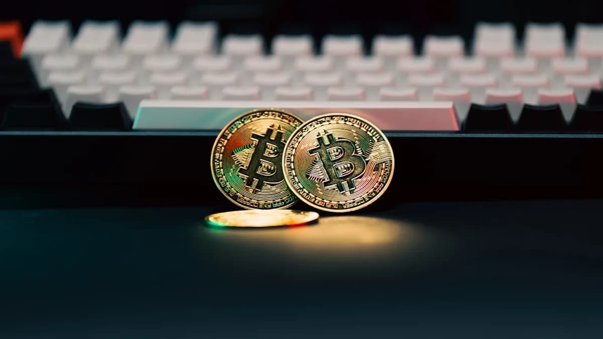 Two bitcoins sitting next to a computer keyboard