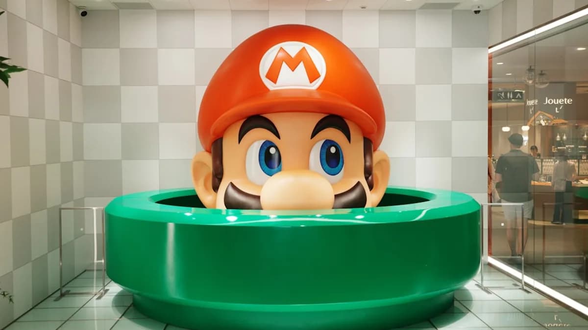 Giant mario head emerging from a green pipe