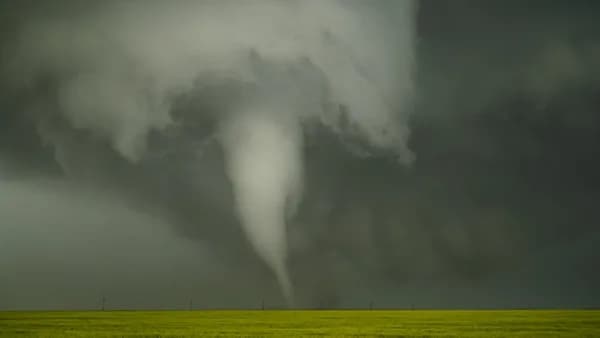 a large storm cloud looms over a green field