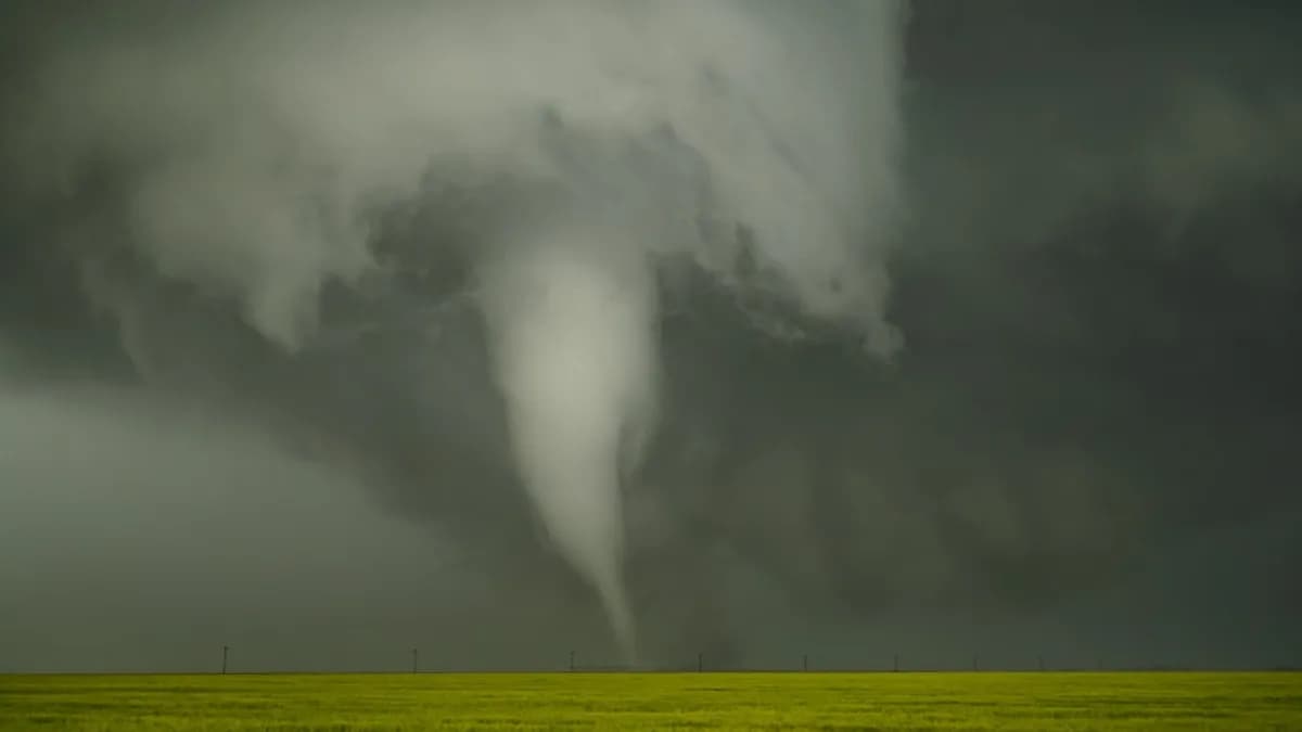 a large storm cloud looms over a green field