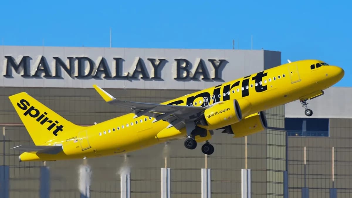 A yellow and black jet airliner taking off from an airport