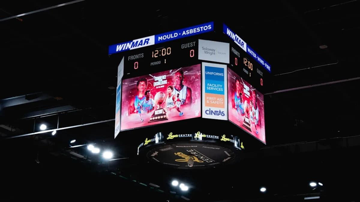 a big screen in the middle of a dark room