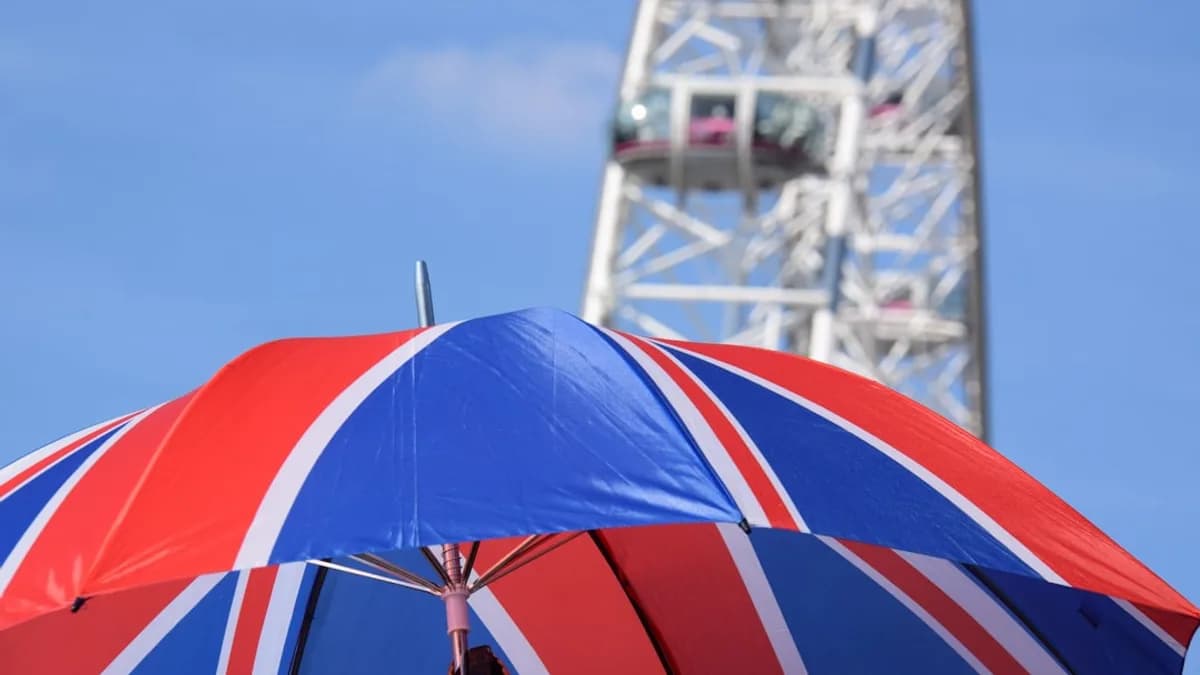 Union jack umbrella with ferris wheel in background