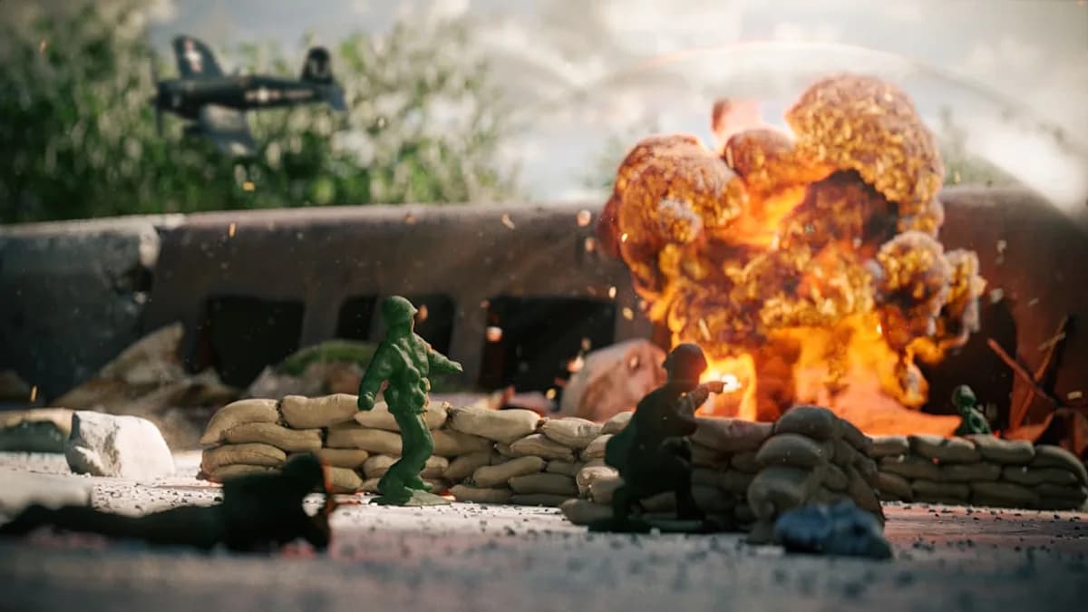 a video game of a fire and soldiers