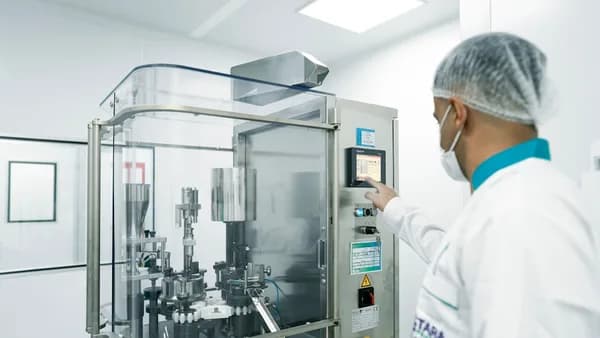 A worker operates machinery in a cleanroom.