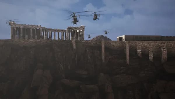 a group of military helicopters flying over a cliff