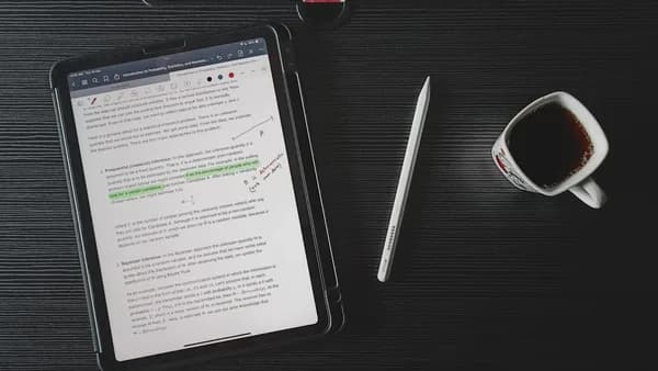 a tablet computer sitting on top of a desk next to a cup of coffee